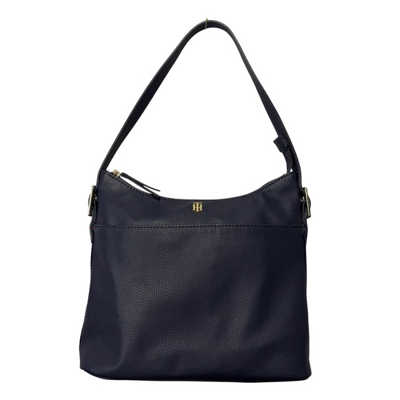 Tommy Hilfiger Handbags - Tommy Hilfiger Navy Blue Pebbled Faux Leather Shoulder Bag Striped Trim Hobo